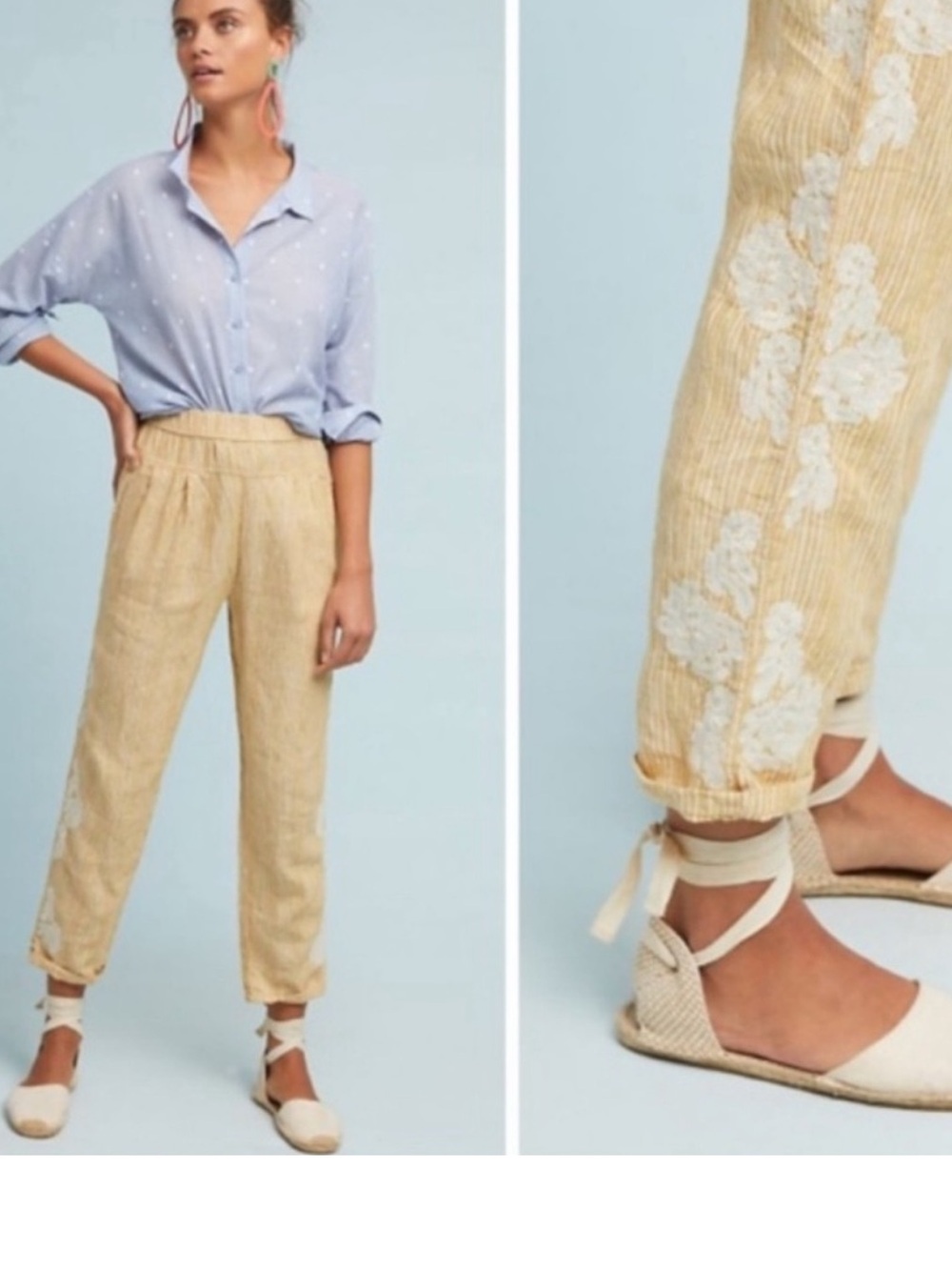 Anthropologie Yellow Linen Jogger Pants with White Floral Embroidery
